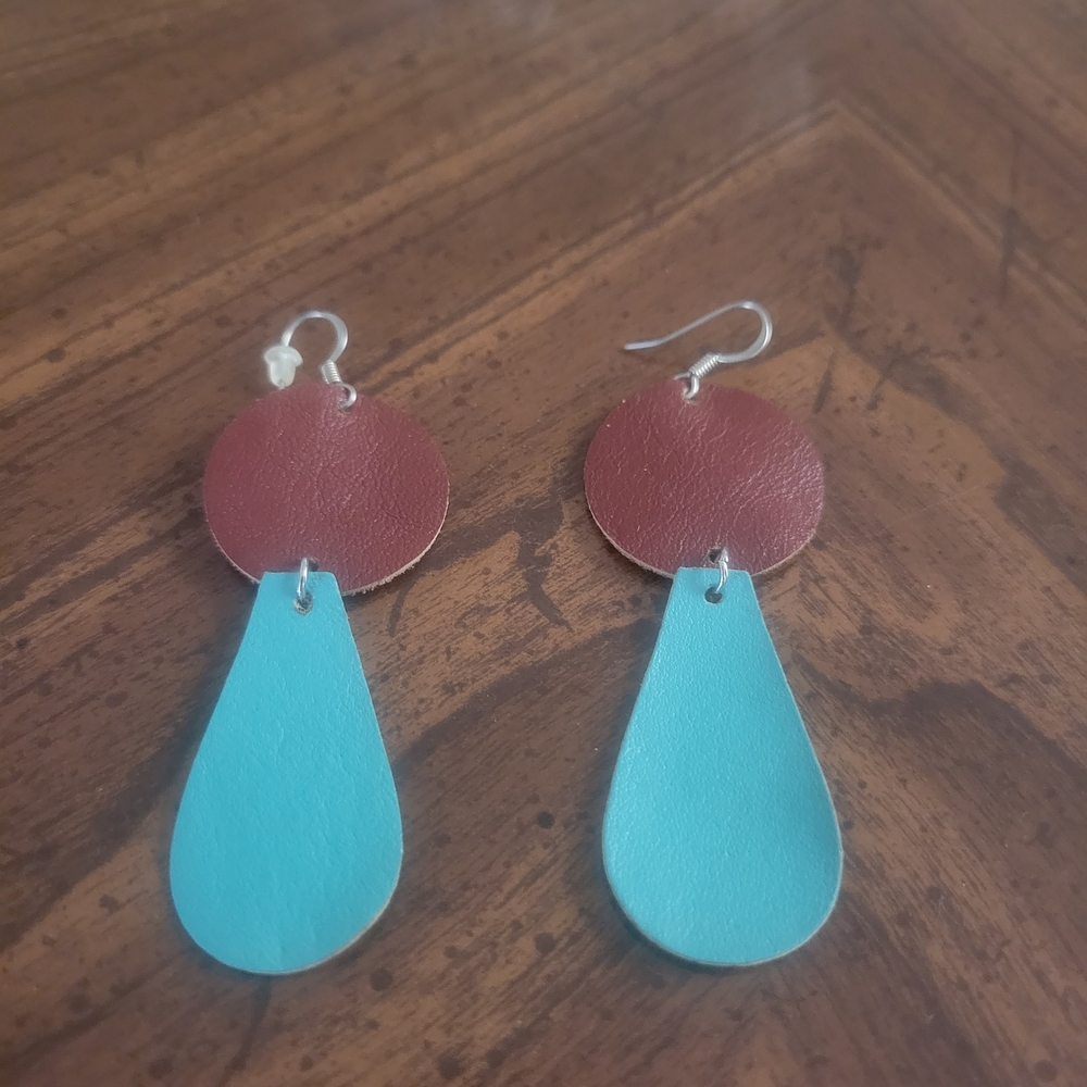 Elegant Brown and Blue Leather Earrings